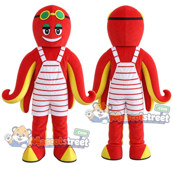 Red Octopus Mascot Costume with Striped Swimsuit