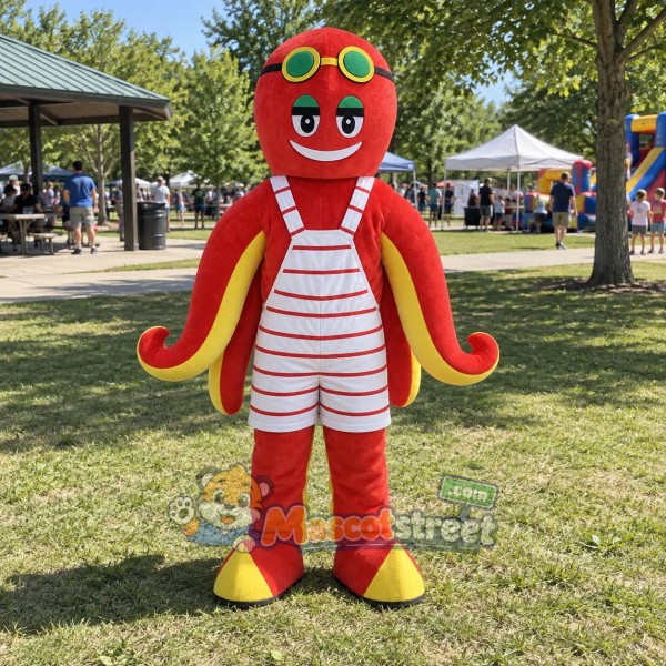 Red Octopus Mascot Costume with Striped Swimsuit