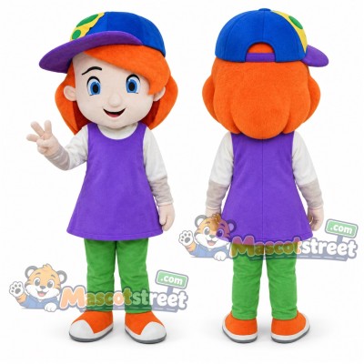Schoolgirl Mascot Costume with Purple Tunic and Blue Cap Schoolgirl Mascot Costume with Purple Tunic and Blue Cap