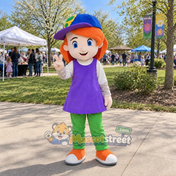 Schoolgirl Mascot Costume with Purple Tunic and Blue Cap