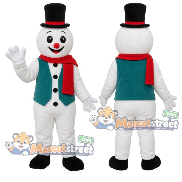 Snowman Mascot Costume with Teal Vest and Black Top Hat