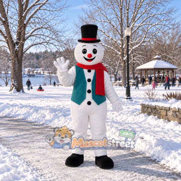 Snowman Mascot Costume with Teal Vest and Black Top Hat