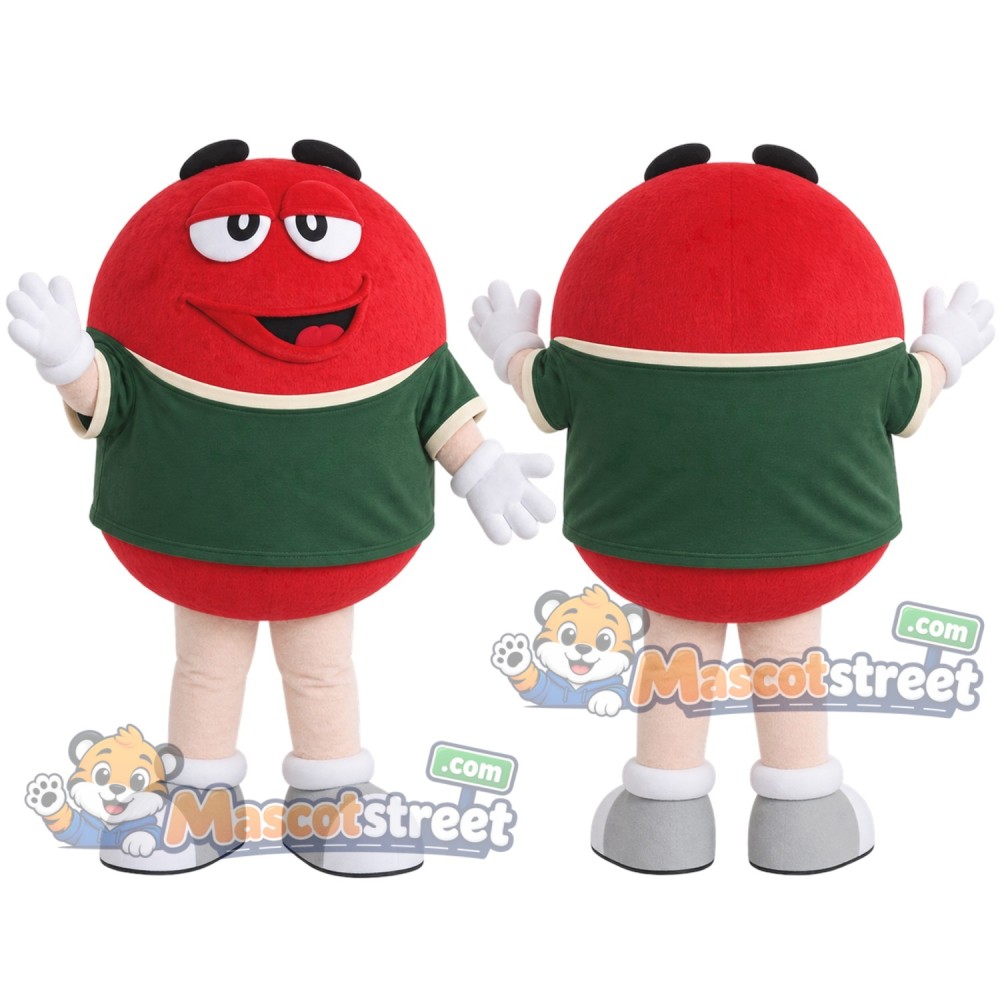 Red Candy Character Mascot Costume with Green Shirt