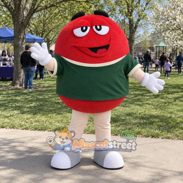 Red Candy Character Mascot Costume with Green Shirt