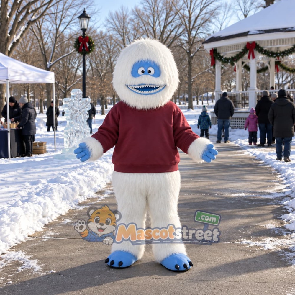 White Yeti Mascot Costume with Burgundy Sweatshirt White Yeti Mascot Costume with Burgundy Sweatshirt