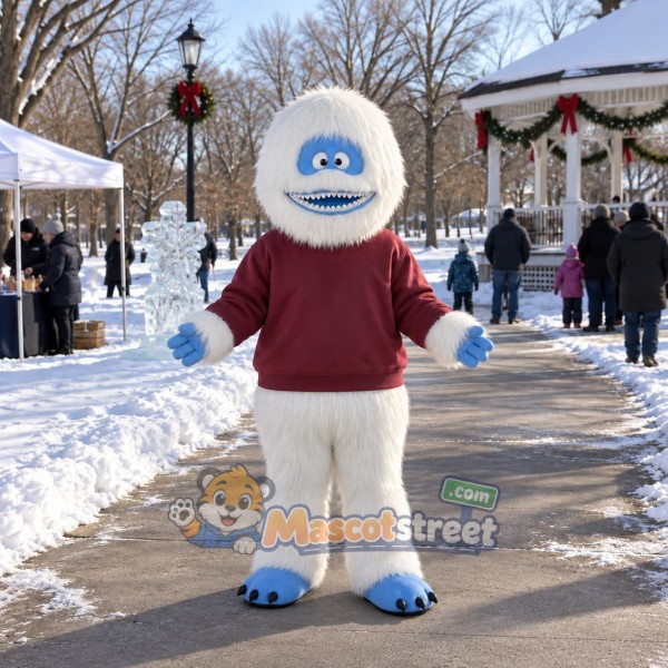 White Yeti Mascot Costume with Burgundy Sweatshirt