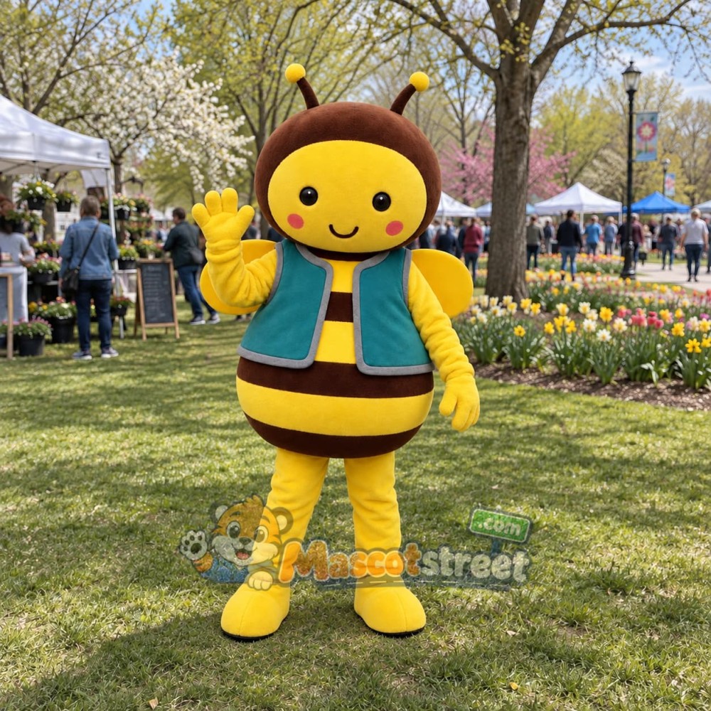 Yellow and Black Bee Mascot Costume with Teal Vest Yellow and Black Bee Mascot Costume with Teal Vest