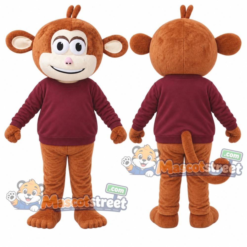 Brown Monkey Mascot Costume with Burgundy Sweatshirt Brown Monkey Mascot Costume with Burgundy Sweatshirt