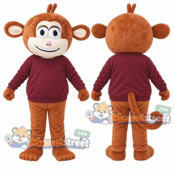 Brown Monkey Mascot Costume with Burgundy Sweatshirt