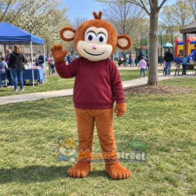 Brown Monkey Mascot Costume with Burgundy Sweatshirt Brown Monkey Mascot Costume with Burgundy Sweatshirt