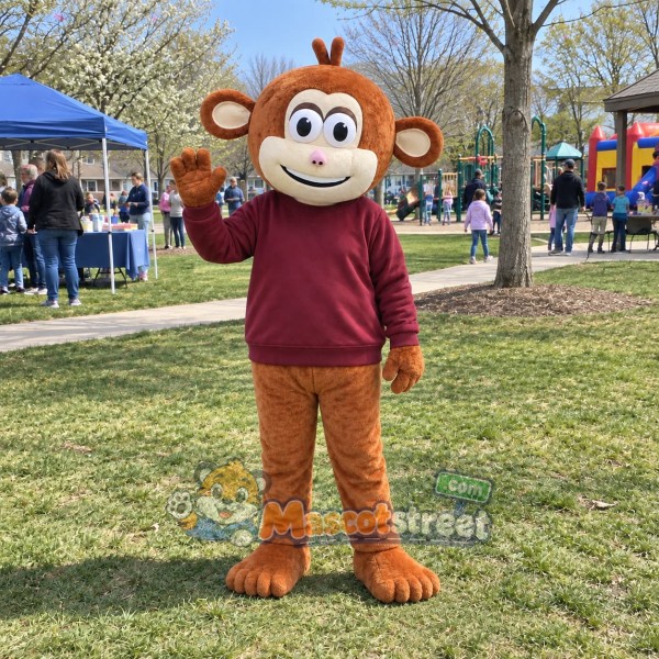 Brown Monkey Mascot Costume with Burgundy Sweatshirt
