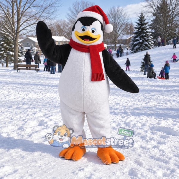 Penguin Mascot Costume with Santa Hat and Red Scarf
