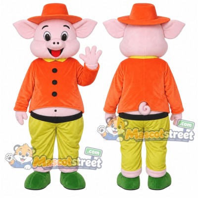Pink Pig Mascot Costume with Orange Jacket and Hat