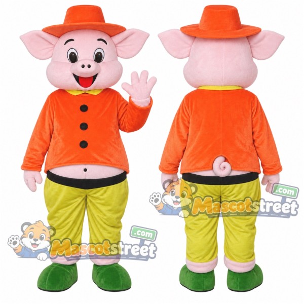 Pink Pig Mascot Costume with Orange Jacket and Hat