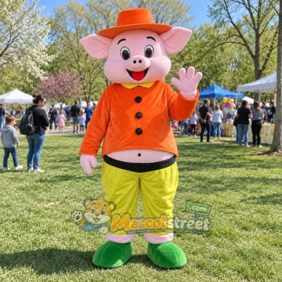 Pink Pig Mascot Costume with Orange Jacket and Hat