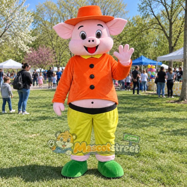 Pink Pig Mascot Costume with Orange Jacket and Hat