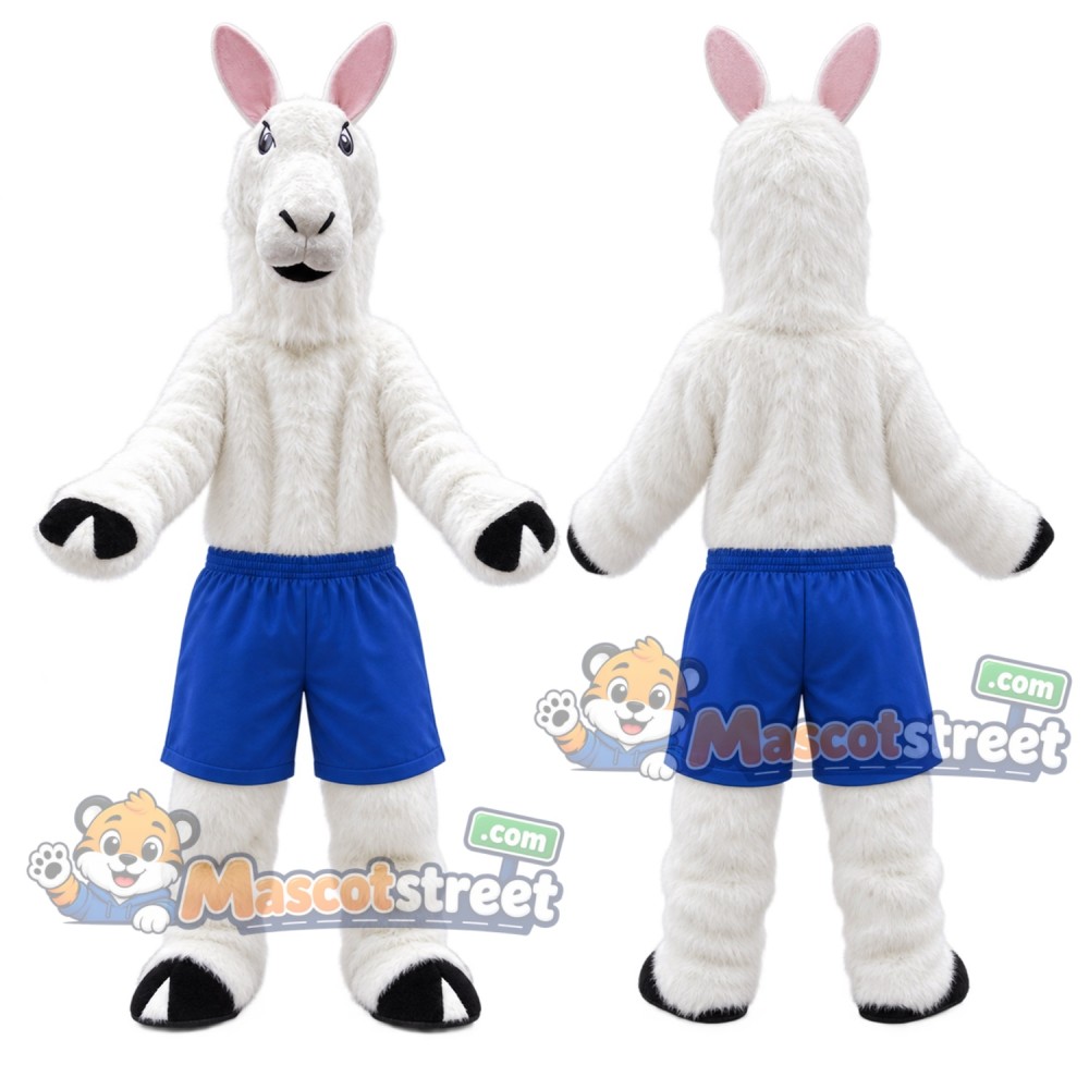 White Llama Mascot Costume with Blue Shorts White Llama Mascot Costume with Blue Shorts