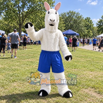 White Llama Mascot Costume with Blue Shorts White Llama Mascot Costume with Blue Shorts