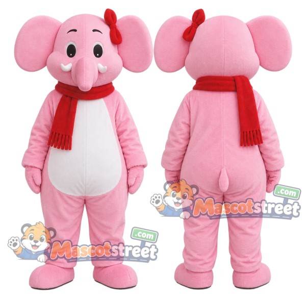 Pink Elephant Mascot Costume with Red Scarf