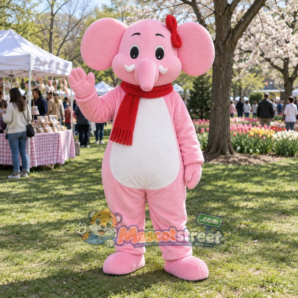 Pink Elephant Mascot Costume with Red Scarf Pink Elephant Mascot Costume with Red Scarf
