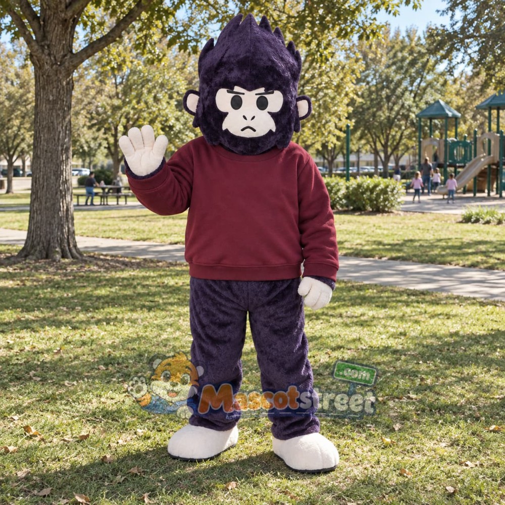 Purple Gorilla Mascot Costume with Burgundy Sweatshirt Purple Gorilla Mascot Costume with Burgundy Sweatshirt