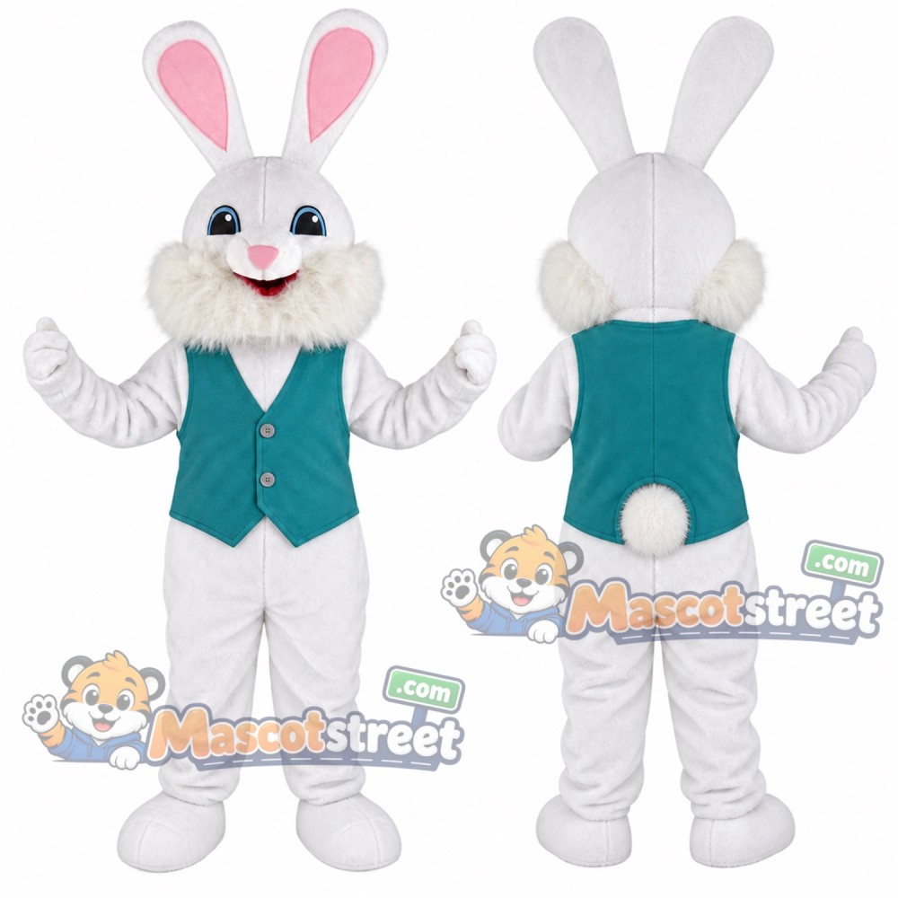 White Rabbit Mascot Costume with Teal Vest White Rabbit Mascot Costume with Teal Vest