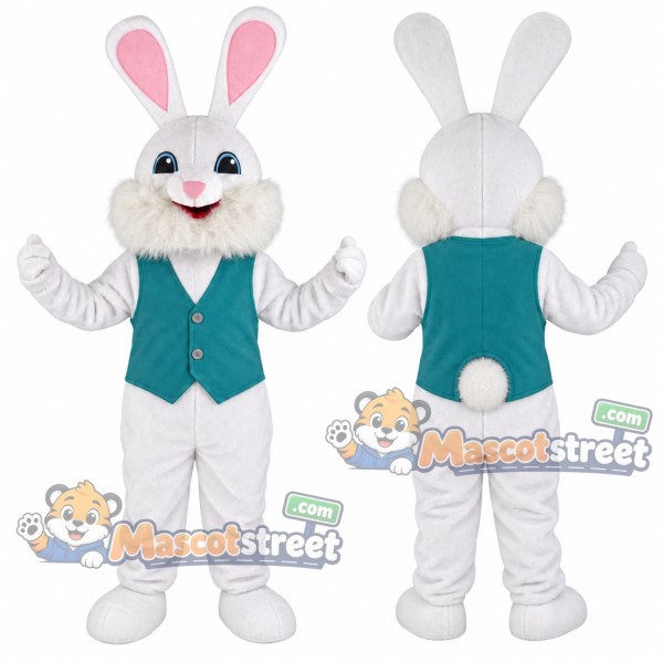 White Rabbit Mascot Costume with Teal Vest