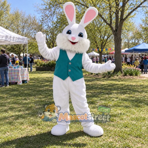 White Rabbit Mascot Costume with Teal Vest