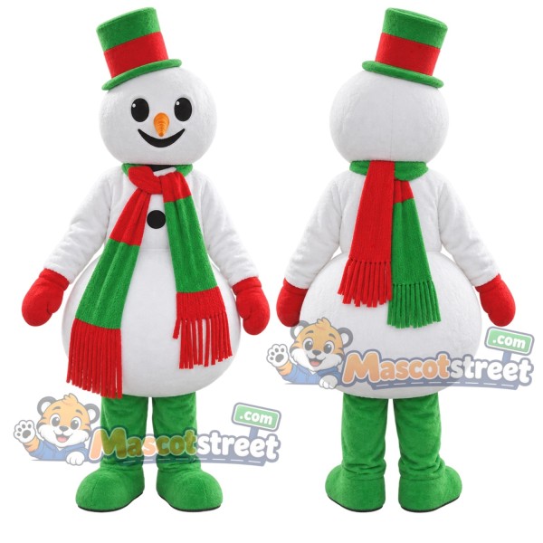 Snowman Mascot Costume with Green Top Hat and Red Scarf