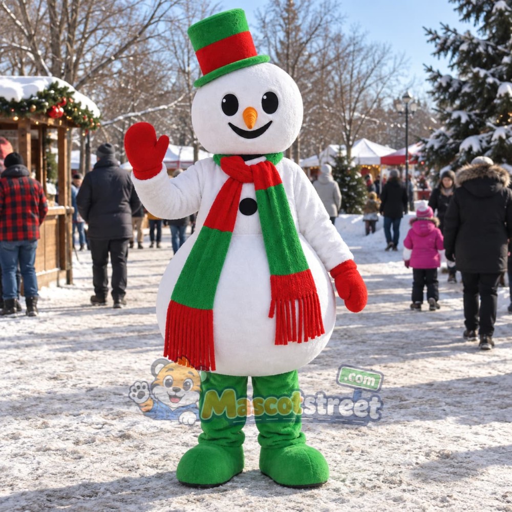 Snowman Mascot Costume with Green Top Hat and Red Scarf
