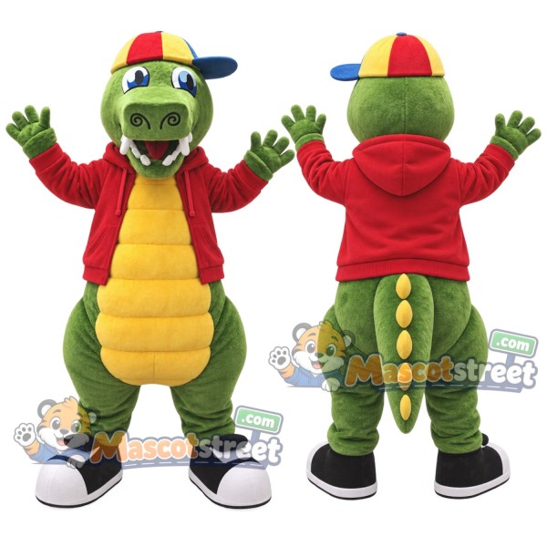 Green Crocodile Mascot Costume with Red Jacket and Cap