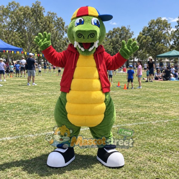 Green Crocodile Mascot Costume with Red Jacket and Cap