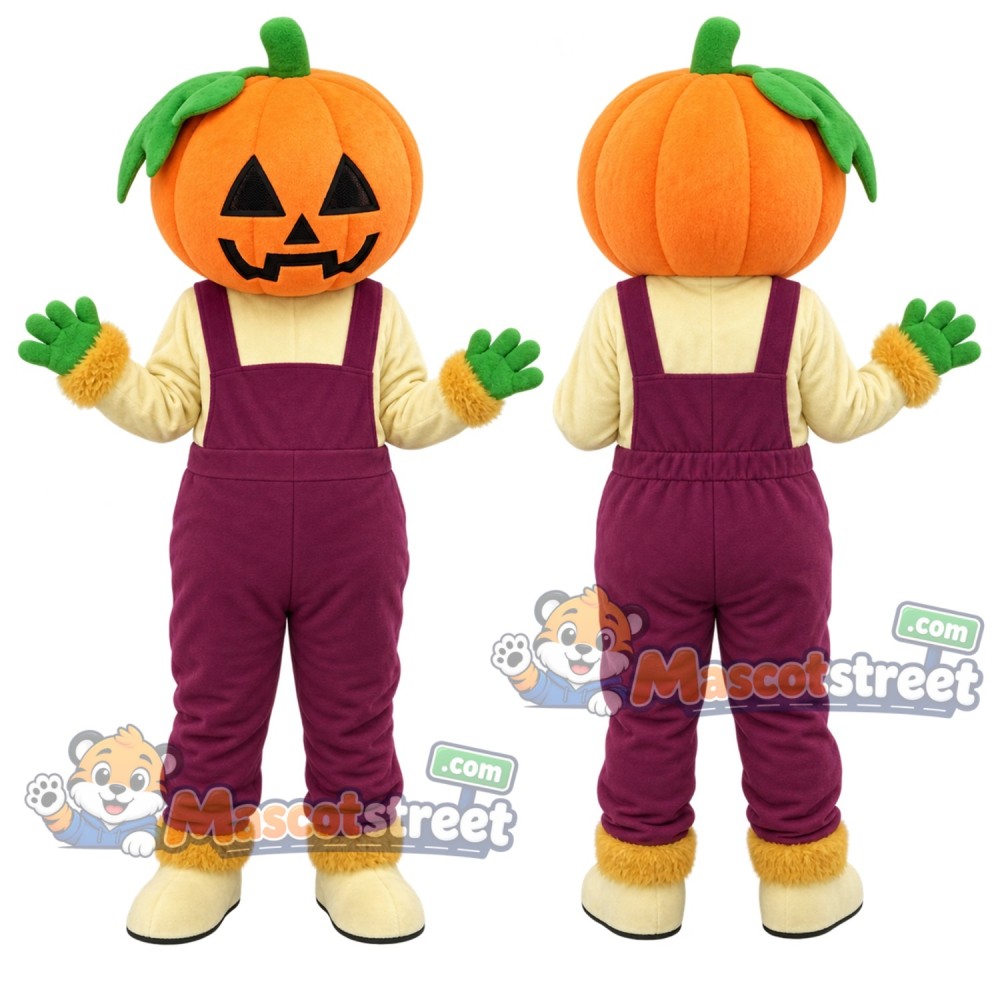 Jack-o-Lantern Pumpkin Mascot Costume with Purple Overalls Jack-o-Lantern Pumpkin Mascot Costume with Purple Overalls