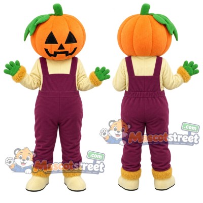 Jack-o-Lantern Pumpkin Mascot Costume with Purple Overalls Jack-o-Lantern Pumpkin Mascot Costume with Purple Overalls
