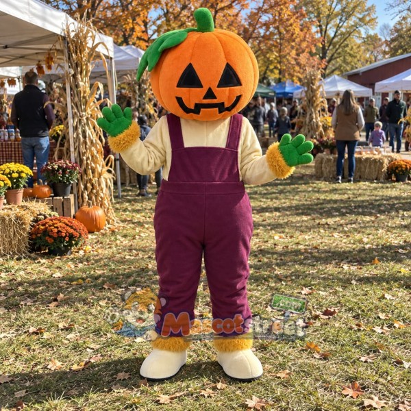 Jack-o-Lantern Pumpkin Mascot Costume with Purple Overalls