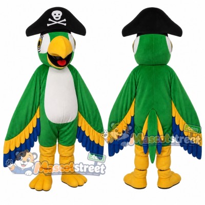 Green Pirate Parrot Mascot Costume with Black Pirate Hat