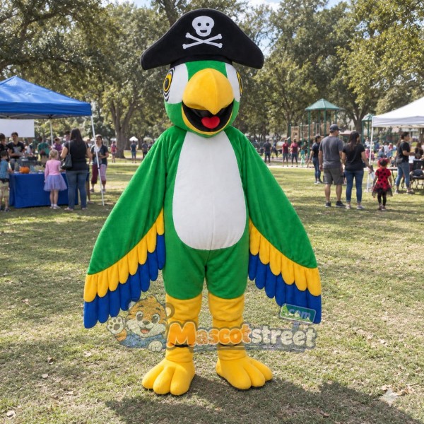 Green Pirate Parrot Mascot Costume with Black Pirate Hat