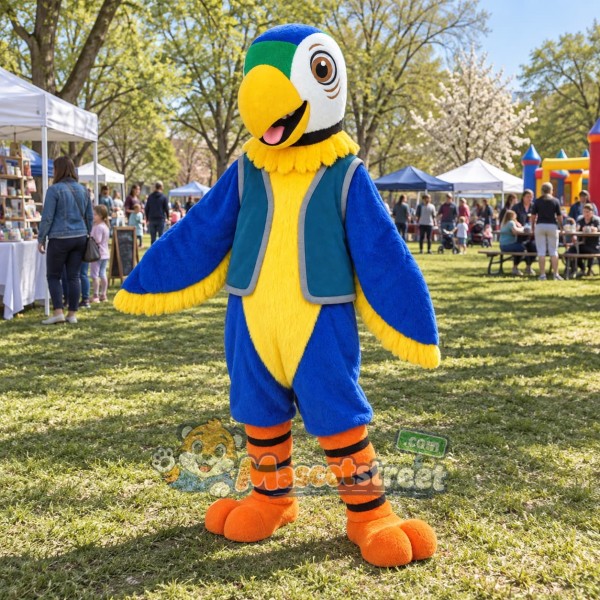 Blue and Yellow Parrot Mascot Costume with Blue Vest Blue and Yellow Parrot Mascot Costume with Blue Vest