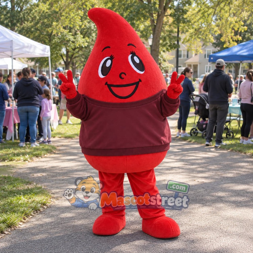Red Blood Drop Mascot Costume with Burgundy Sweatshirt Red Blood Drop Mascot Costume with Burgundy Sweatshirt
