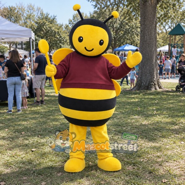 Yellow and Black Bee Mascot Costume with Burgundy Sweatshirt