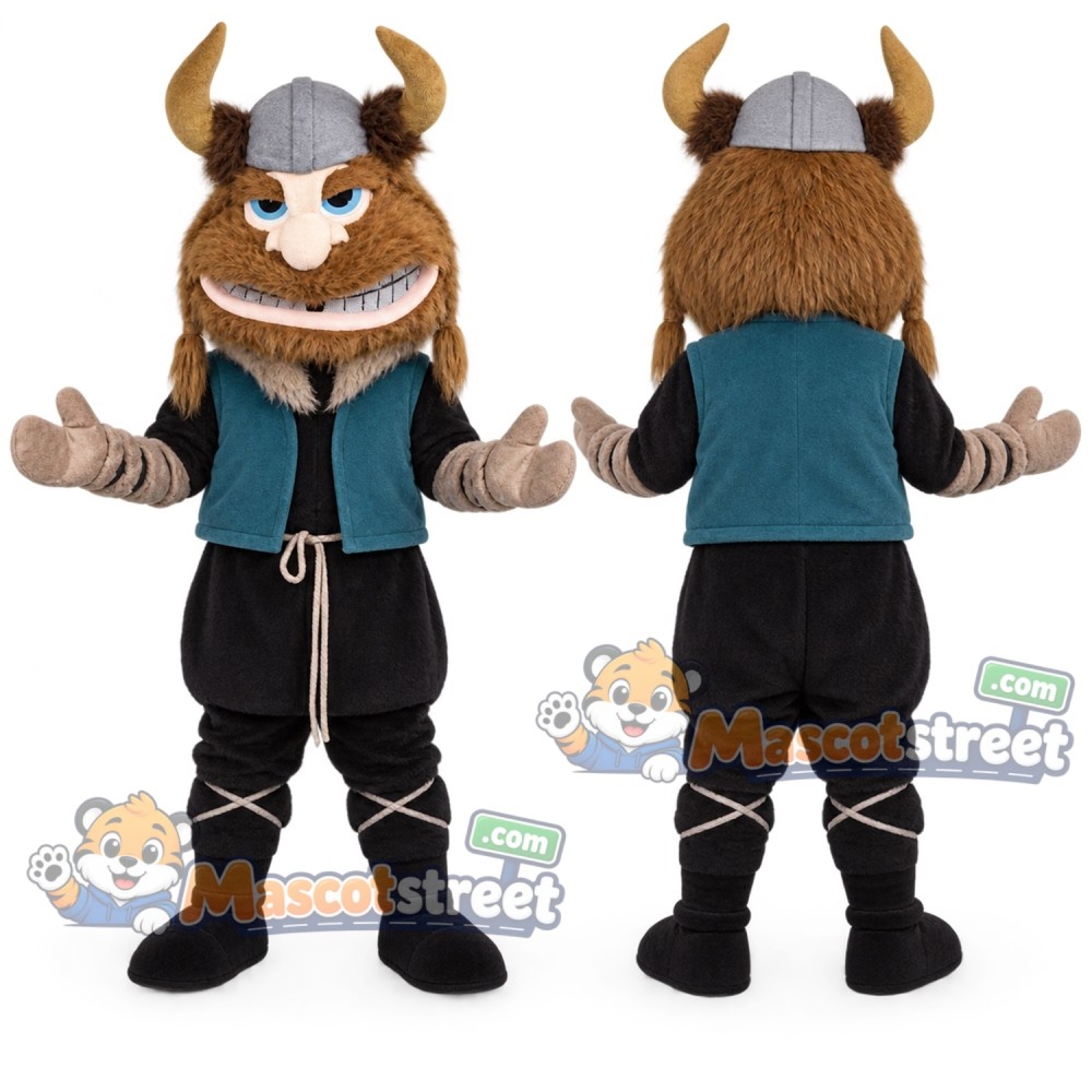 Viking Mascot Costume with Teal Vest and Horned Helmet
