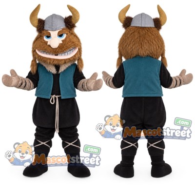Viking Mascot Costume with Teal Vest and Horned Helmet