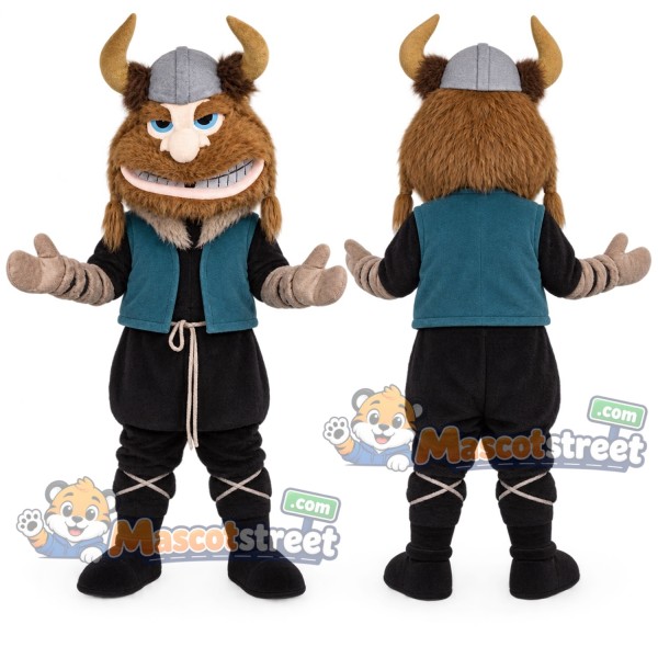 Viking Mascot Costume with Teal Vest and Horned Helmet