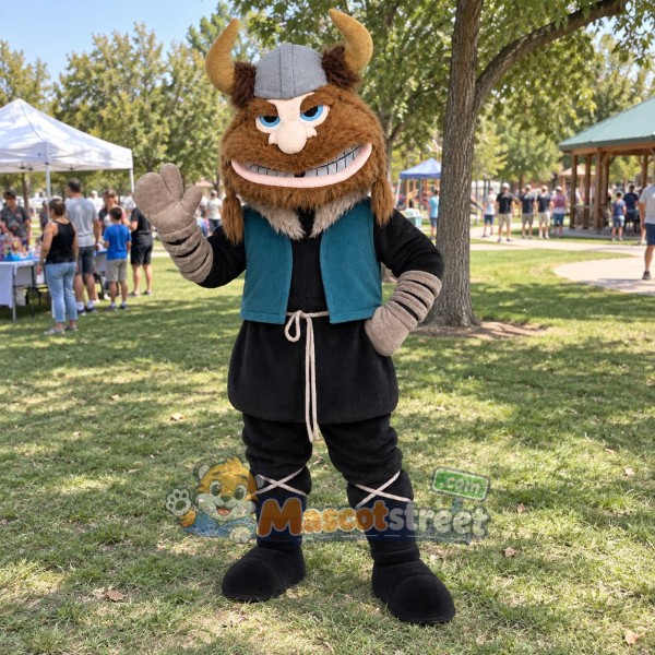 Viking Mascot Costume with Teal Vest and Horned Helmet