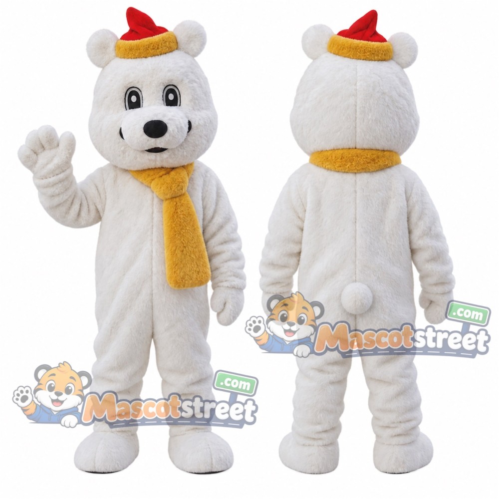Polar Bear Mascot Costume with Santa Hat and Yellow Scarf Polar Bear Mascot Costume with Santa Hat and Yellow Scarf