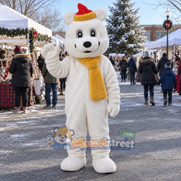 Polar Bear Mascot Costume with Santa Hat and Yellow Scarf