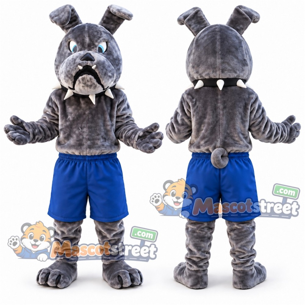Gray Bulldog Mascot Costume with Blue Shorts Gray Bulldog Mascot Costume with Blue Shorts