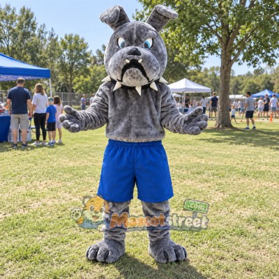 Gray Bulldog Mascot Costume with Blue Shorts Gray Bulldog Mascot Costume with Blue Shorts