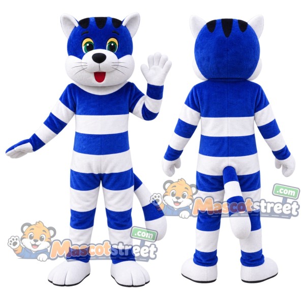 Blue Cat Mascot Costume with Blue and White Striped Outfit