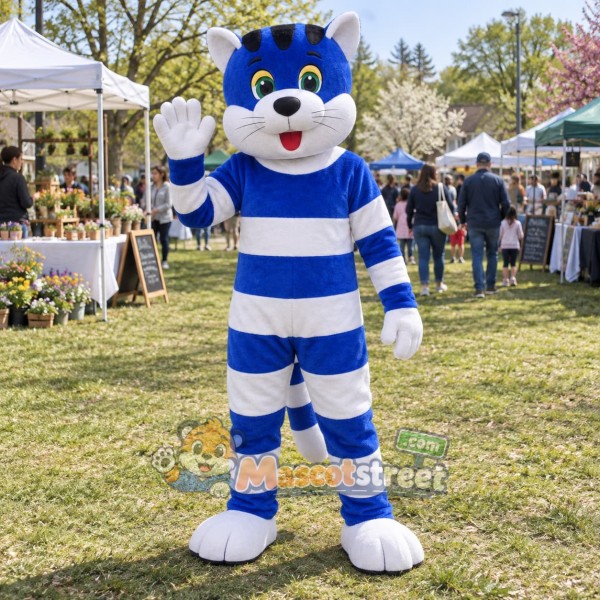 Blue Cat Mascot Costume with Blue and White Striped Outfit